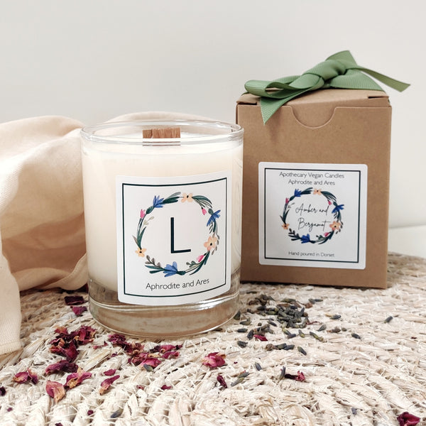 Alphabet Vegan Candle hand-poured with plant-based wax and wooden wick